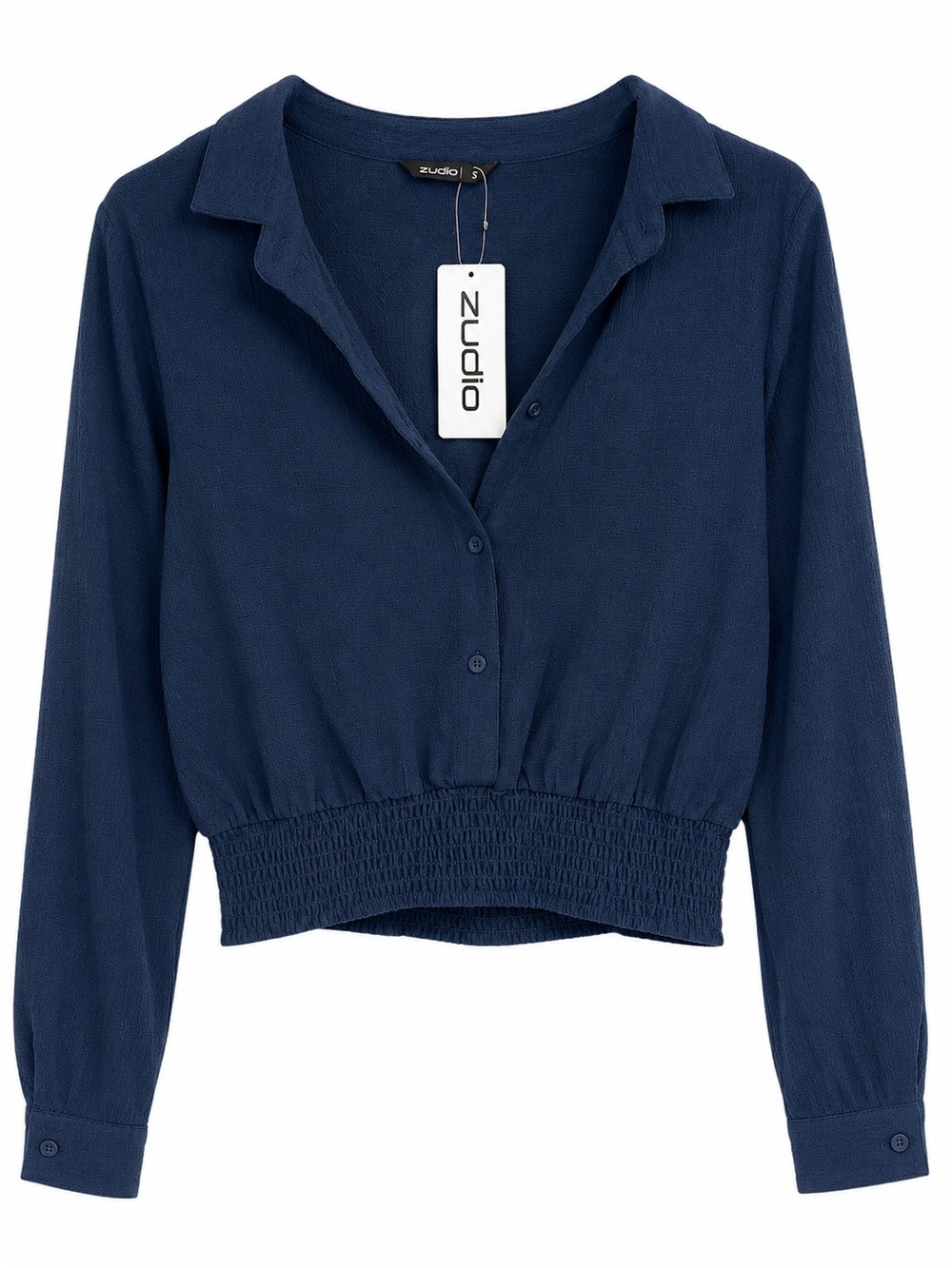 Navy Smocked-Hem Button Down Shirt